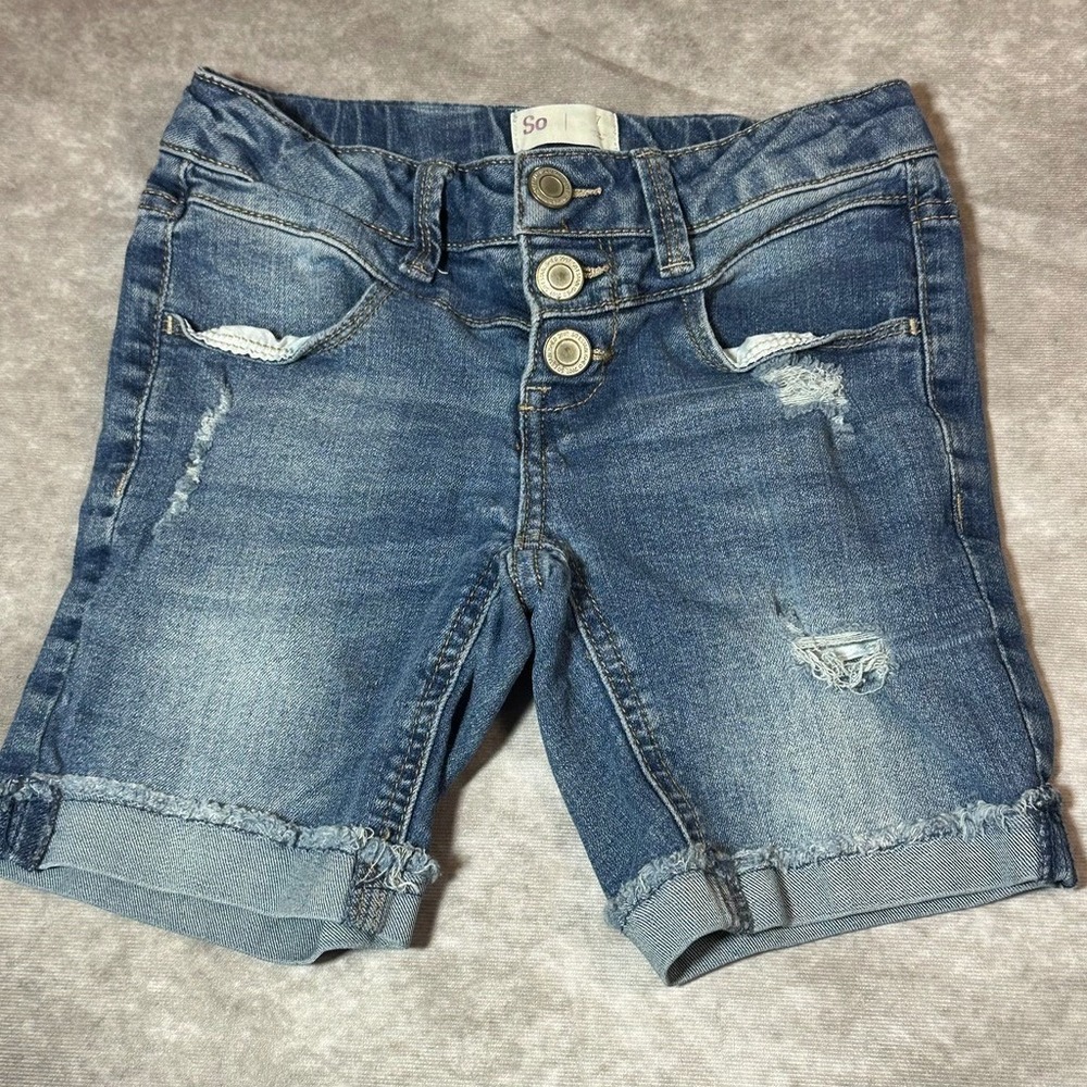 SO Denim Bermuda Shorts Girls Size 7 Blue Distressed Cuffed Button Fly Stretch